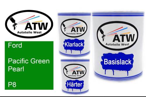 Ford, Pacific Green Pearl, P8: 1L Lackdose + 1L Klarlack + 500ml Härter - Set, von ATW Autoteile West.